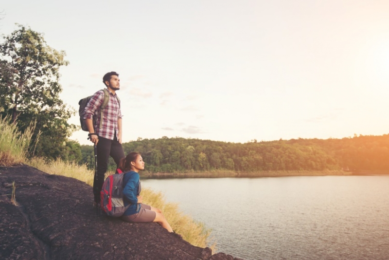 Tourists at a lake.