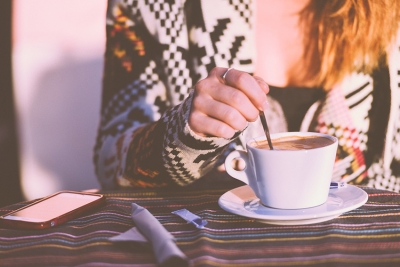 Example of the present simple: She drinks coffee at breakfast.