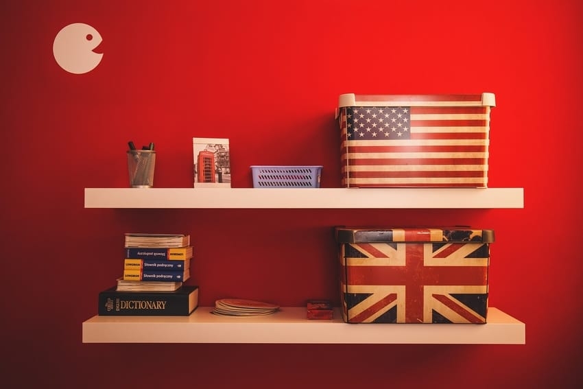 English and American flags in boxes